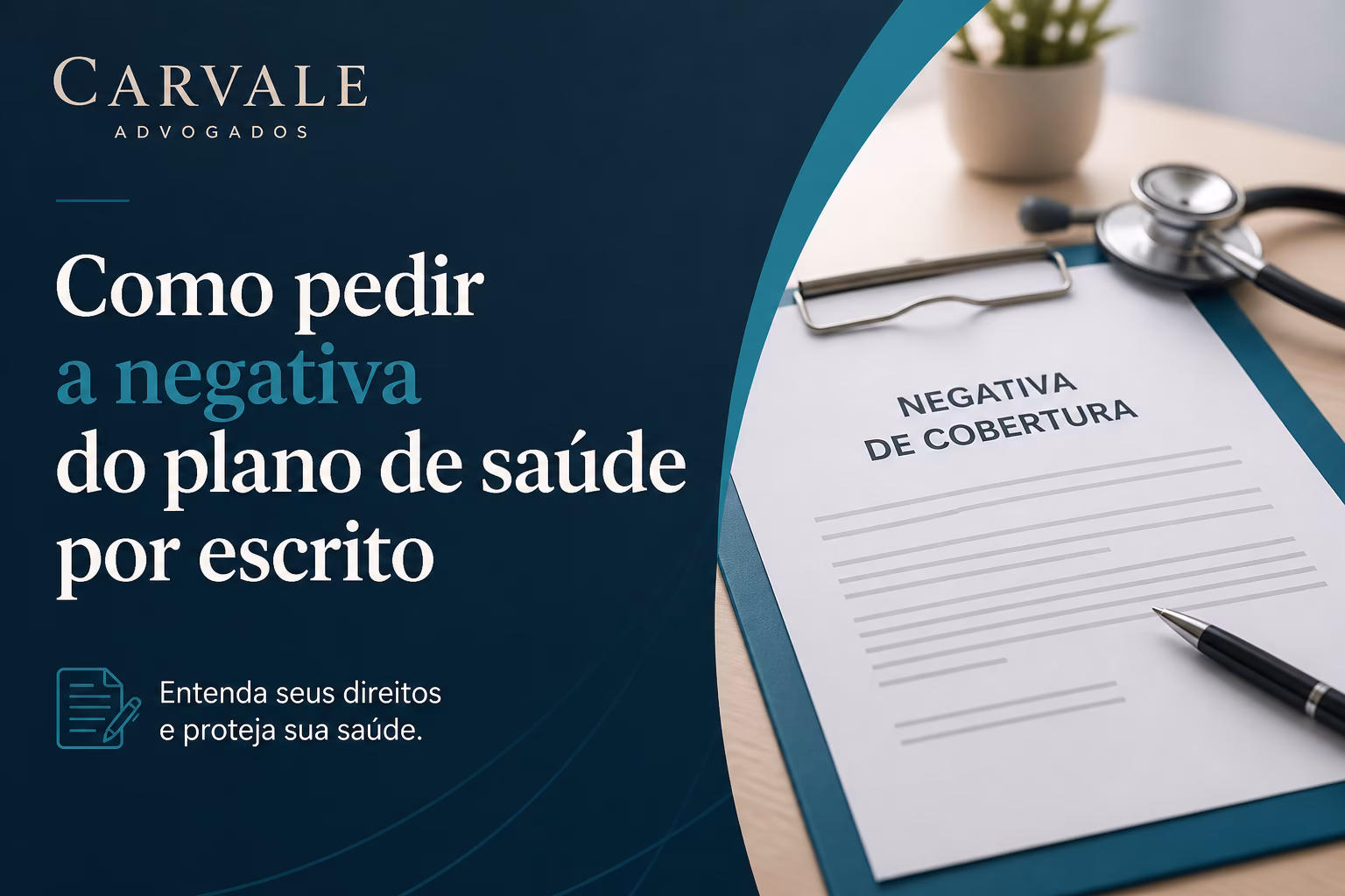 Representação visual de um documento com texto "Solicitação de Negativa por Escrito" e um carimbo de protocolo, ilustrando o processo formal de obter recusa documentada do plano de saúde.